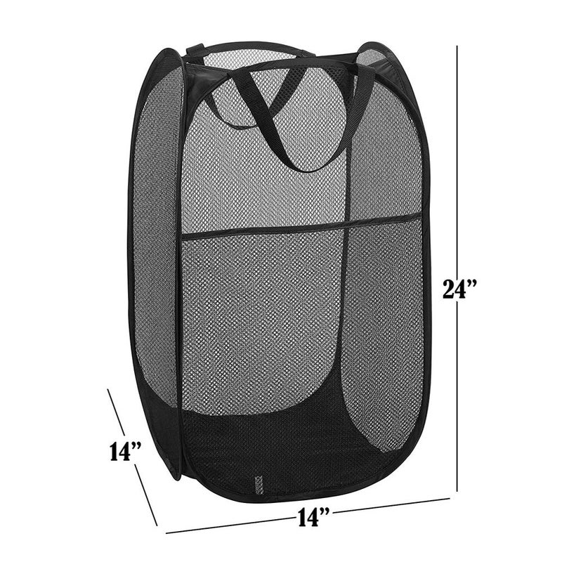 BATTOO Strong Mesh Pop Up Hampers for Laundry, Collapsible Laundry Baskets with Side Pocket Carry Handles for Laundry Room, Bathroom, Kids Room, College Dorm or Travel Black - Image 2